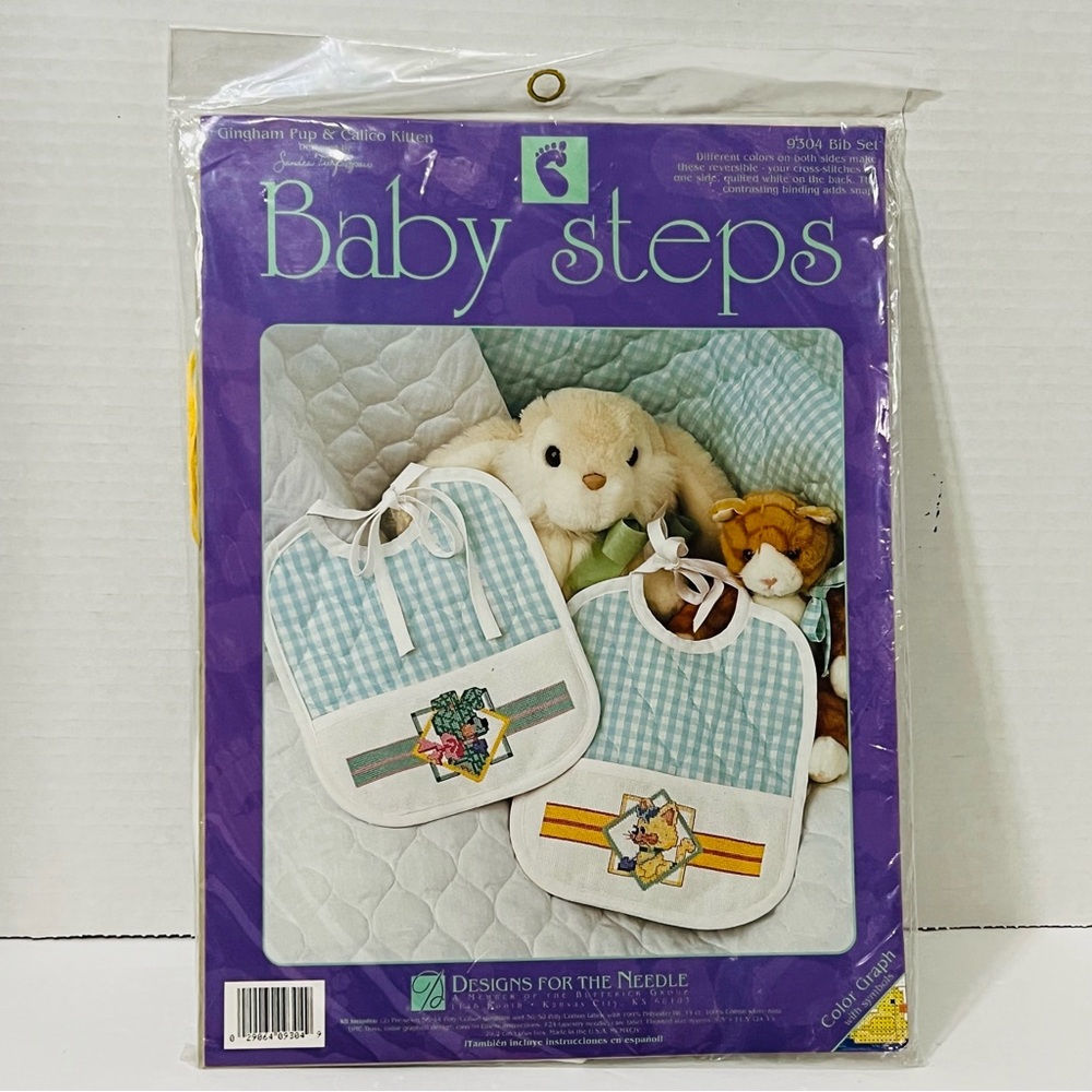 Designs For Needle Baby Steps GINGHAM PUP & CALICO KITTEN Bib Set #9304